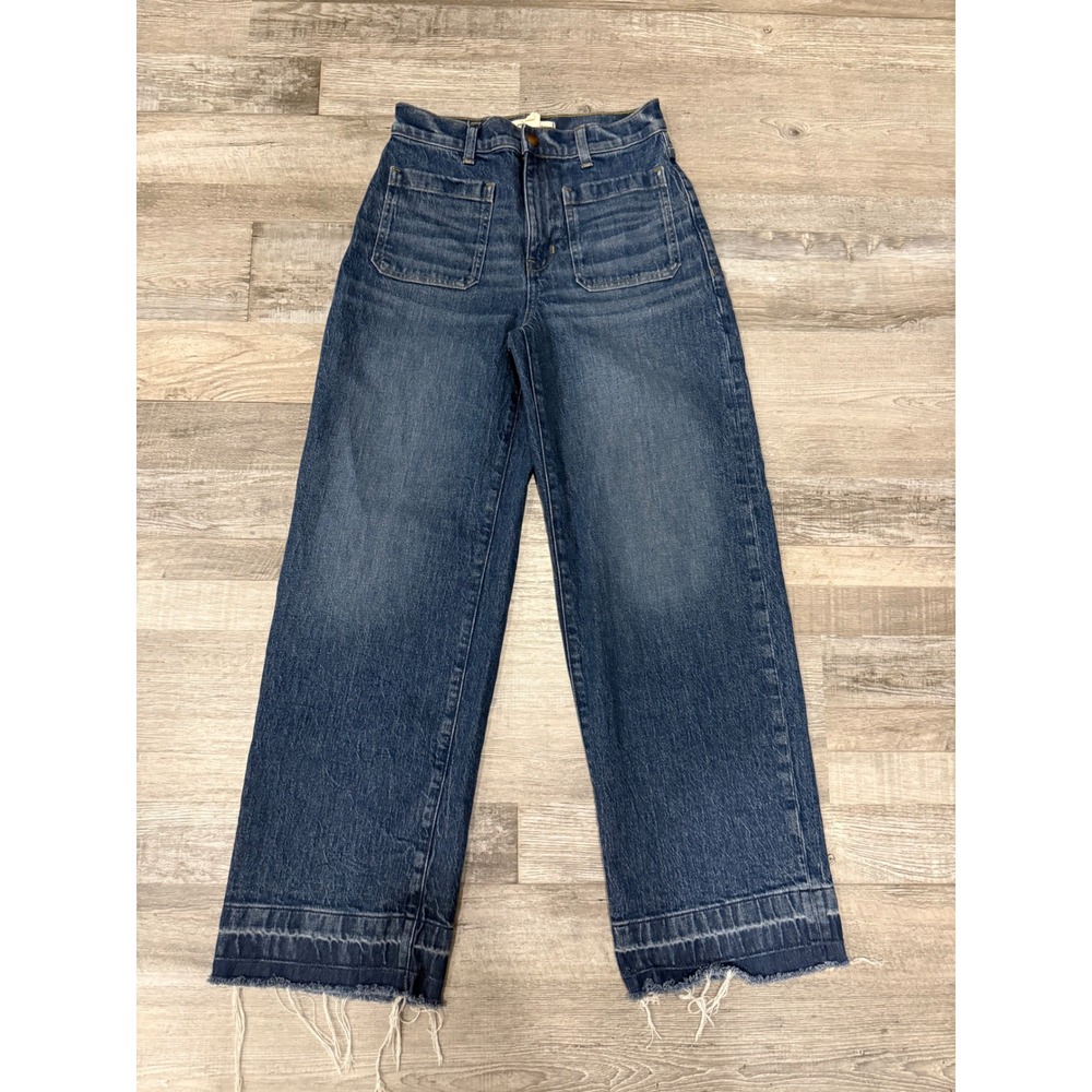 Madewell Emmett Wide-Leg Jeans 26 Medium Wash Raw Hem Patch Pocket High Rise